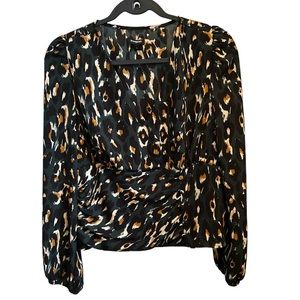 Express Satin V-Neck Faux Wrap Long Balloon Sleeves Top